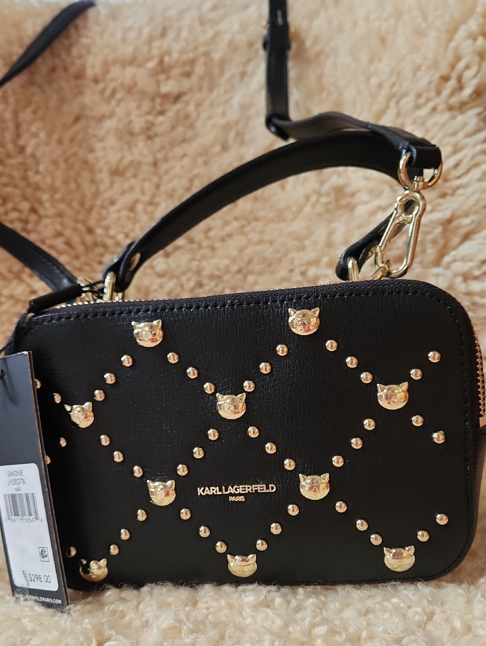 Karl Lagerfeld Black Crossbody Bag with Gold Cat Studs